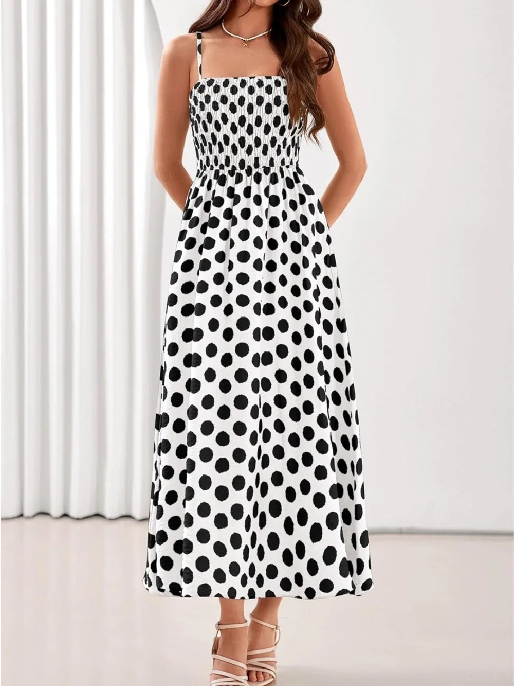 #31 Pretty Garden Polka Dot Smocked Bodice Maxi Dress - Black & White - Picture 2 of 5